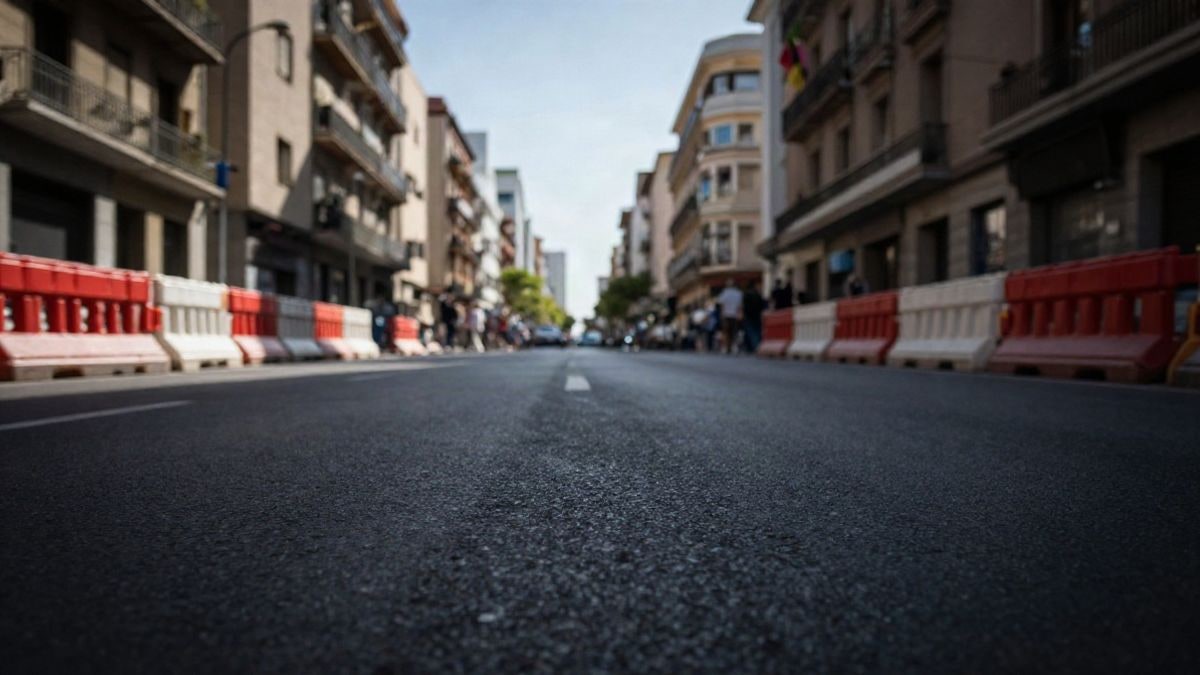 Imagen ilustrativa: calle urbana con vallas de tráfico y una multitud desenfocada al fondo bajo un cielo despejado