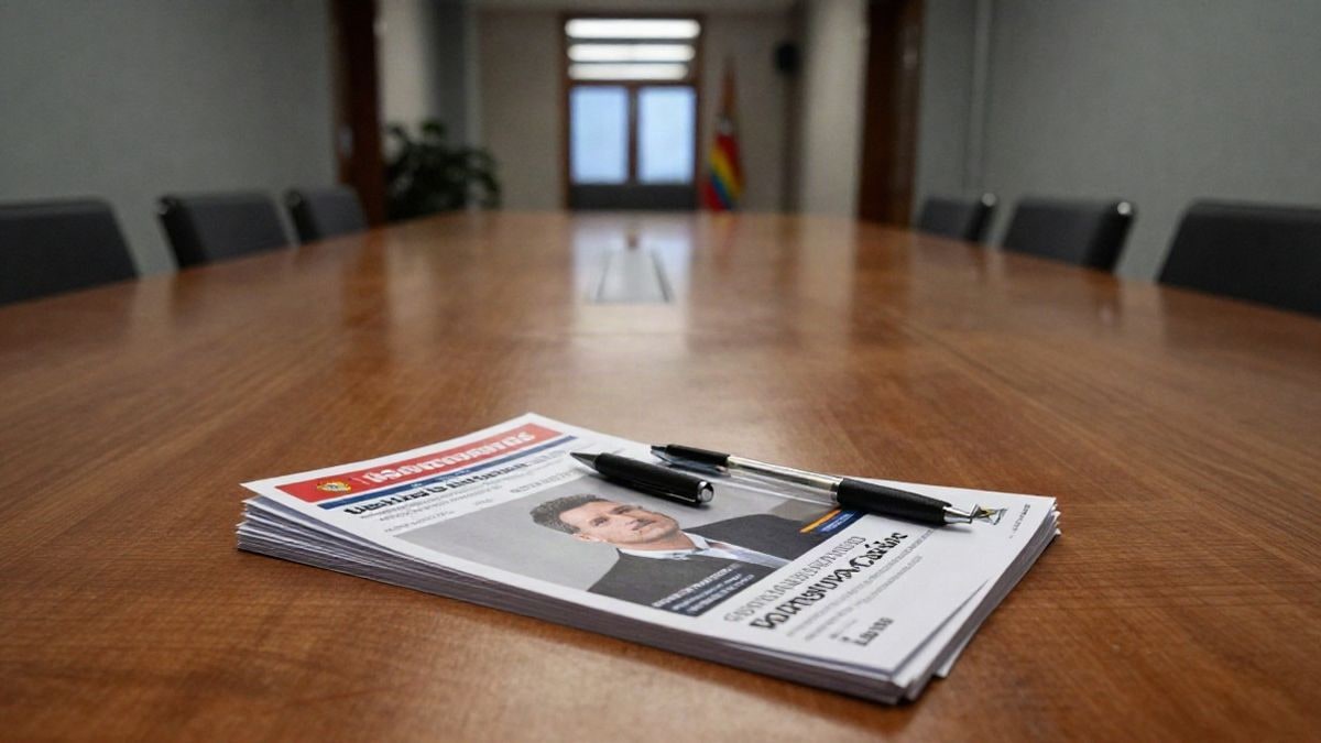 Imagen ilustrativa: mesa de reuniones vacía con folletos de campaña y un bolígrafo