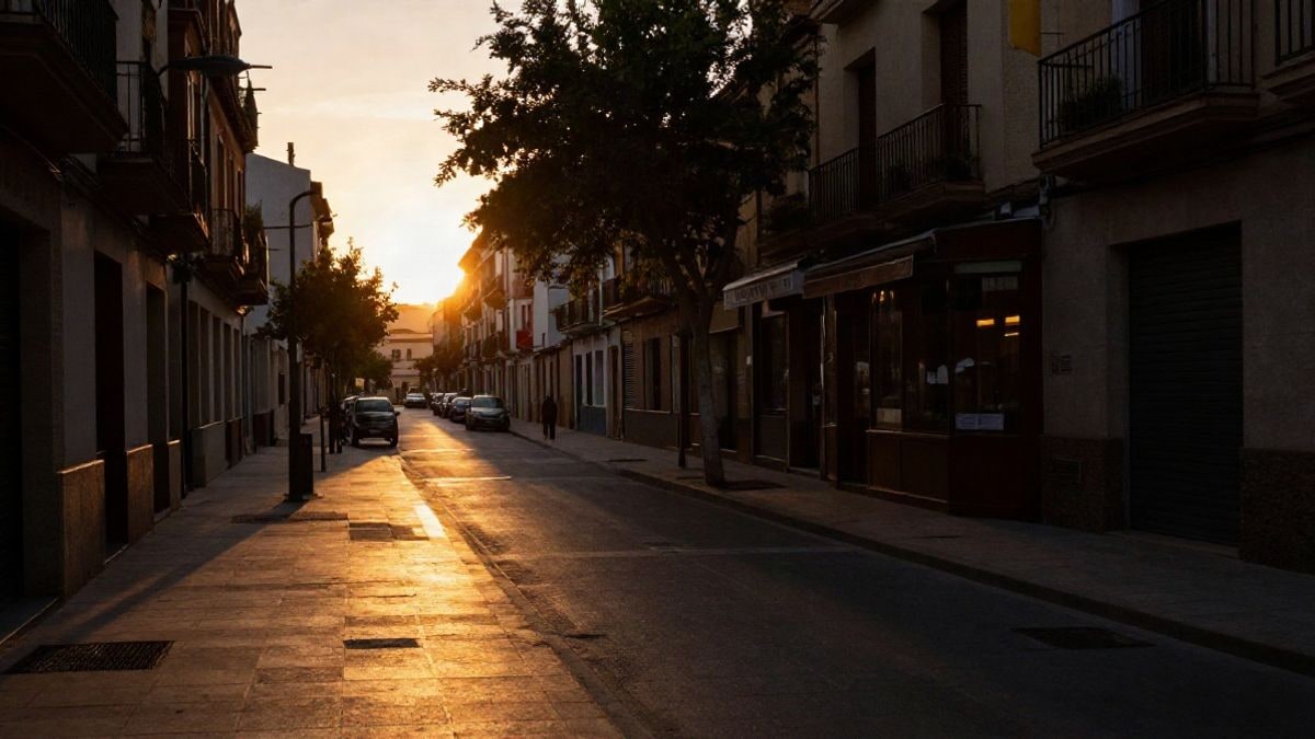 Imagen ilustrativa: contraluz al atardecer con siluetas y sombras largas en una calle residencial