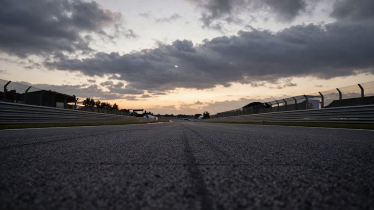 Imagen ilustrativa: ángulo bajo de una pista de carreras al atardecer con cielo dramático