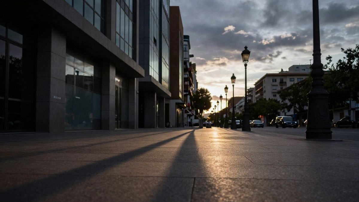 Imagen ilustrativa: ángulo bajo a ras de suelo de una calle urbana con farolas y fachadas modernas bajo un cielo al atardecer