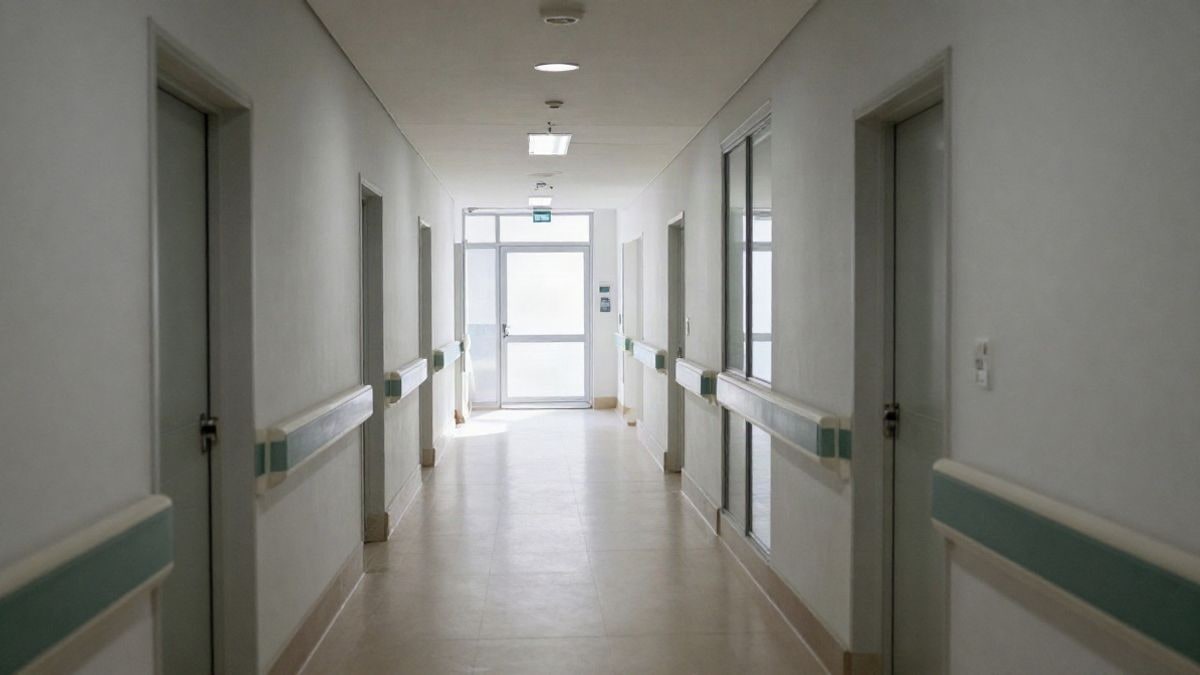 Imagen ilustrativa: pasillo de un hospital moderno con líneas que convergen y luz natural al fondo