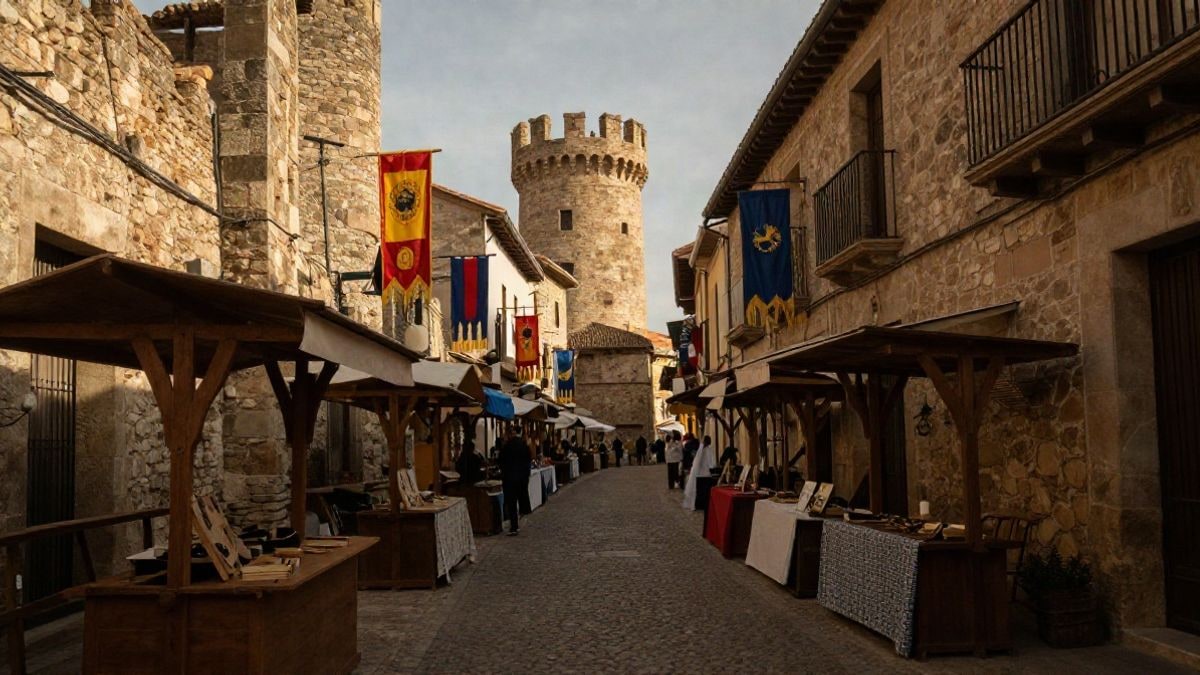 Imagen ilustrativa: calle empedrada con puestos medievales y banderines, muralla de piedra al fondo.
