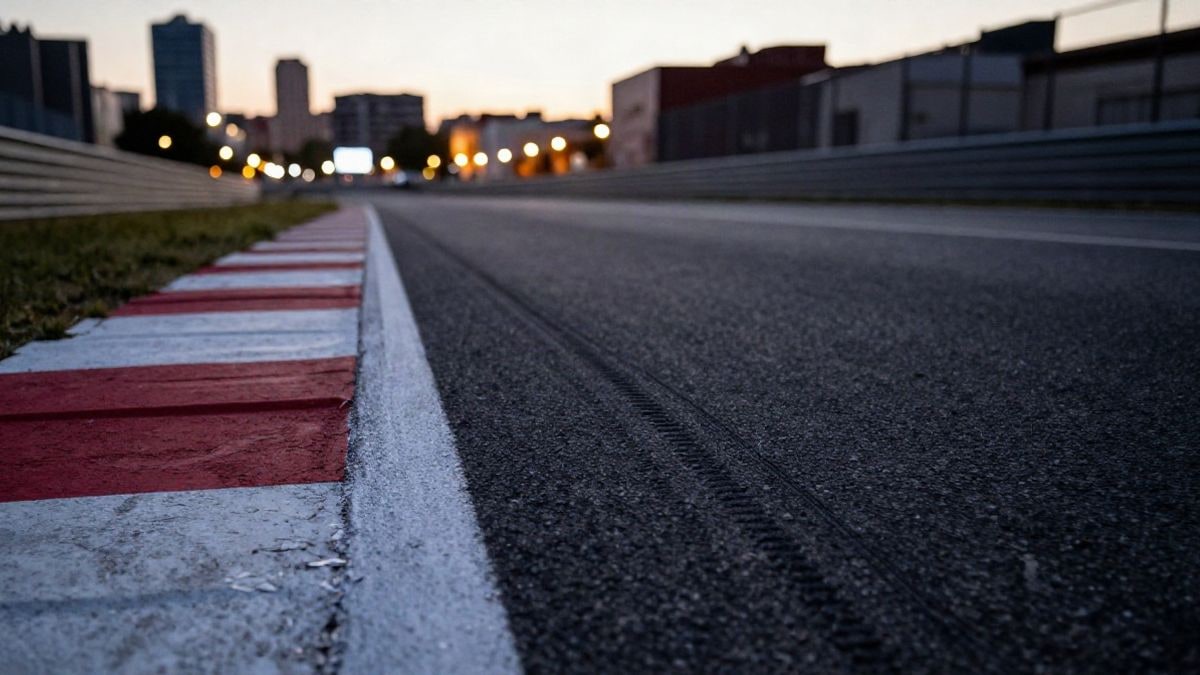 Imagen ilustrativa: detalle del asfalto de un circuito urbano con marcas de neumáticos y bordillo, al atardecer.