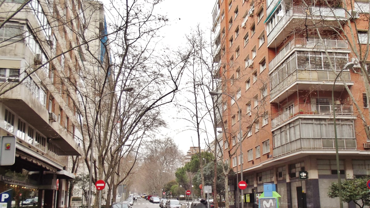 Calle del Doctor Fleming en Madrid con edificios de viviendas, árboles sin hojas y señales de tráfico.