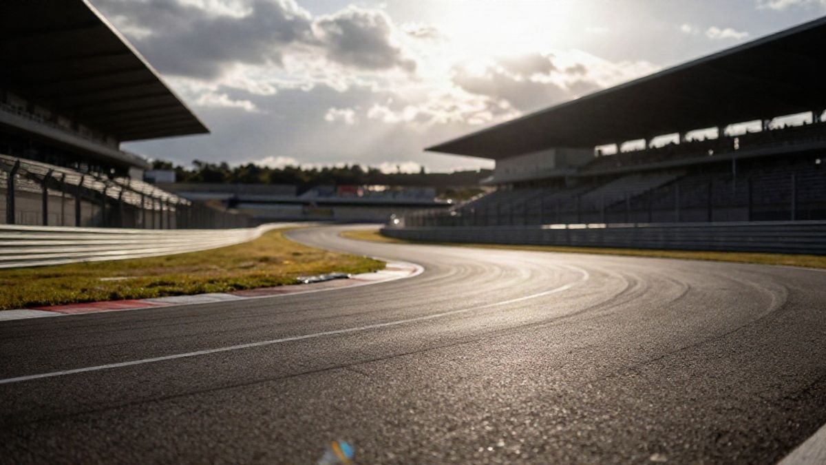 Imagen ilustrativa: curva peraltada de un circuito urbano vacío con gradas al fondo y luz de atardecer.