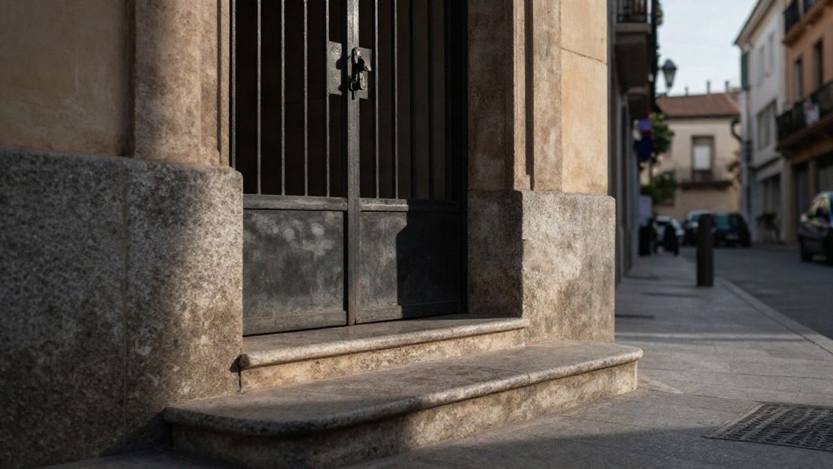 Imagen ilustrativa: ángulo bajo de la entrada vacía de un edificio residencial español al atardecer