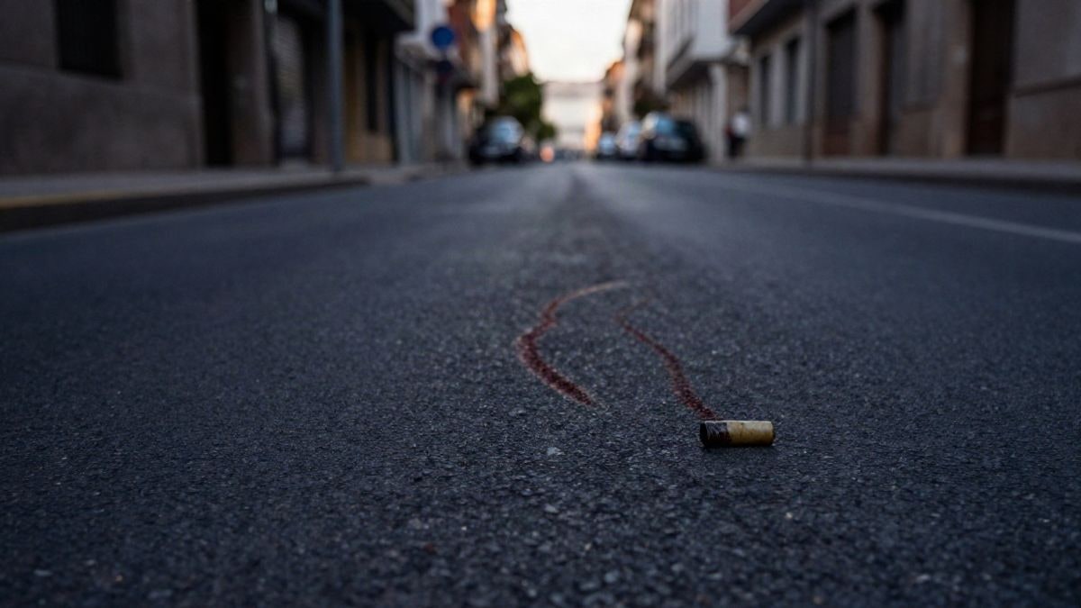 Imagen ilustrativa: calle vacía al amanecer con una vaina en el suelo y una tenue mancha en el asfalto