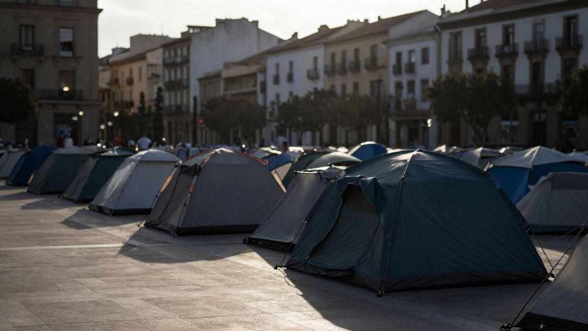 Imagen ilustrativa: tiendas de campaña en una plaza al amanecer con luz suave