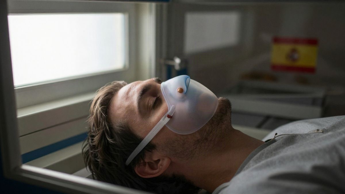 Imagen ilustrativa: primer plano de un bebé prematuro en una incubadora con una mascarilla nasal de silicona personalizada.
