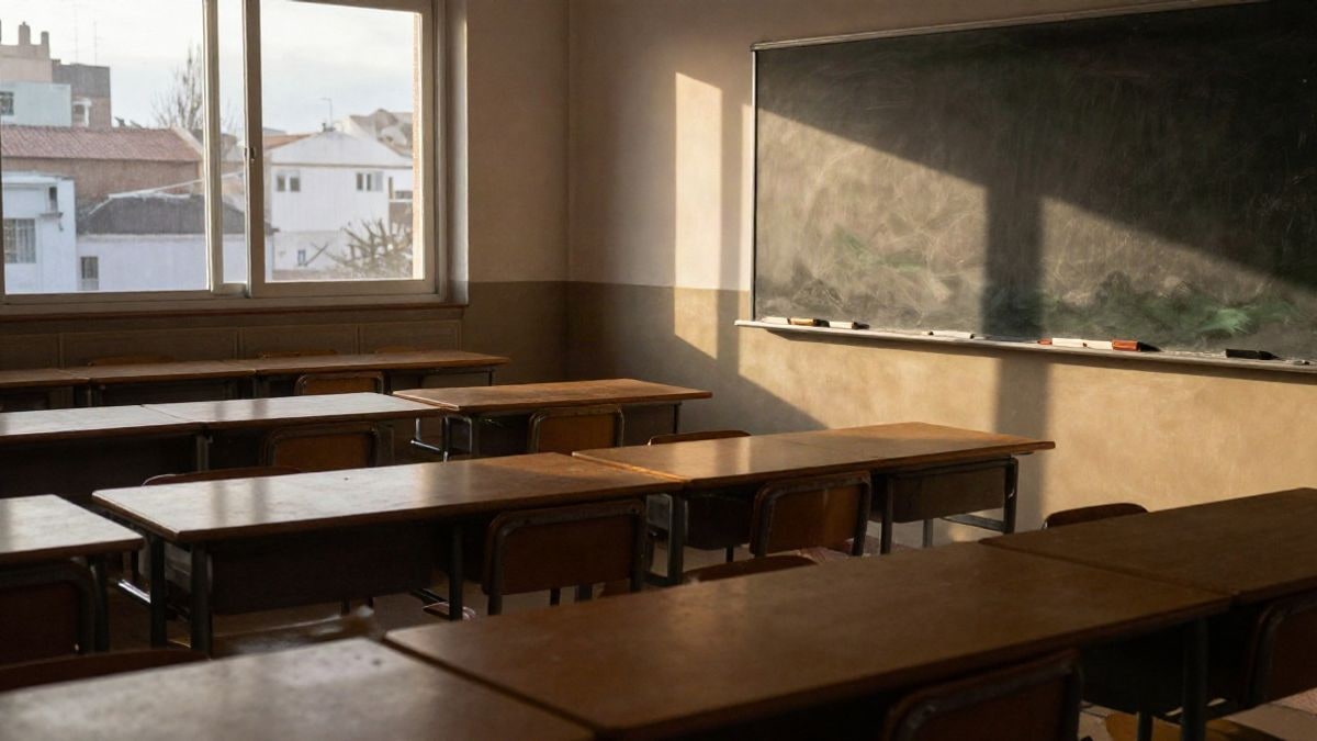 Imagen ilustrativa: un aula vacía con pupitres y una pizarra al atardecer.