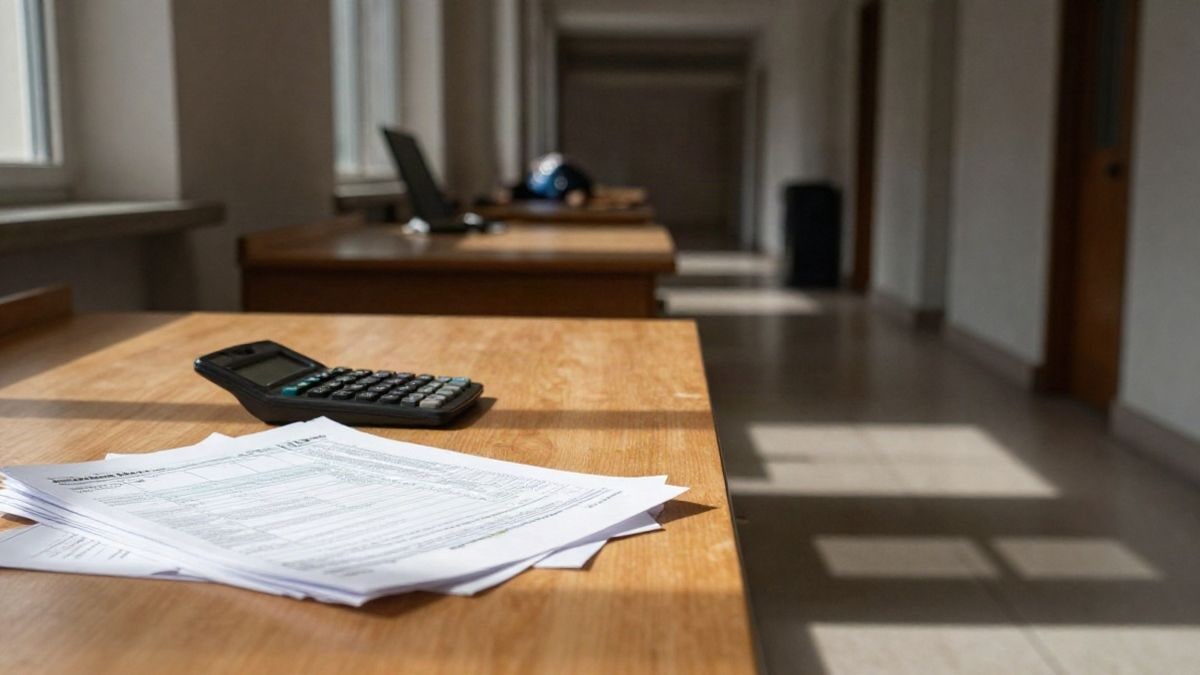 Imagen ilustrativa: escritorio con calculadora y formularios fiscales en una oficina institucional