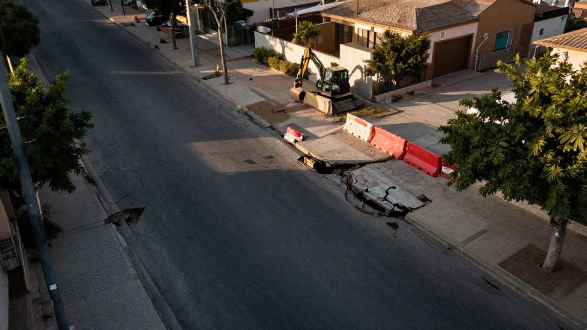 Imagen ilustrativa: vista cenital de una calle residencial con aceras deterioradas y una pequeña excavadora
