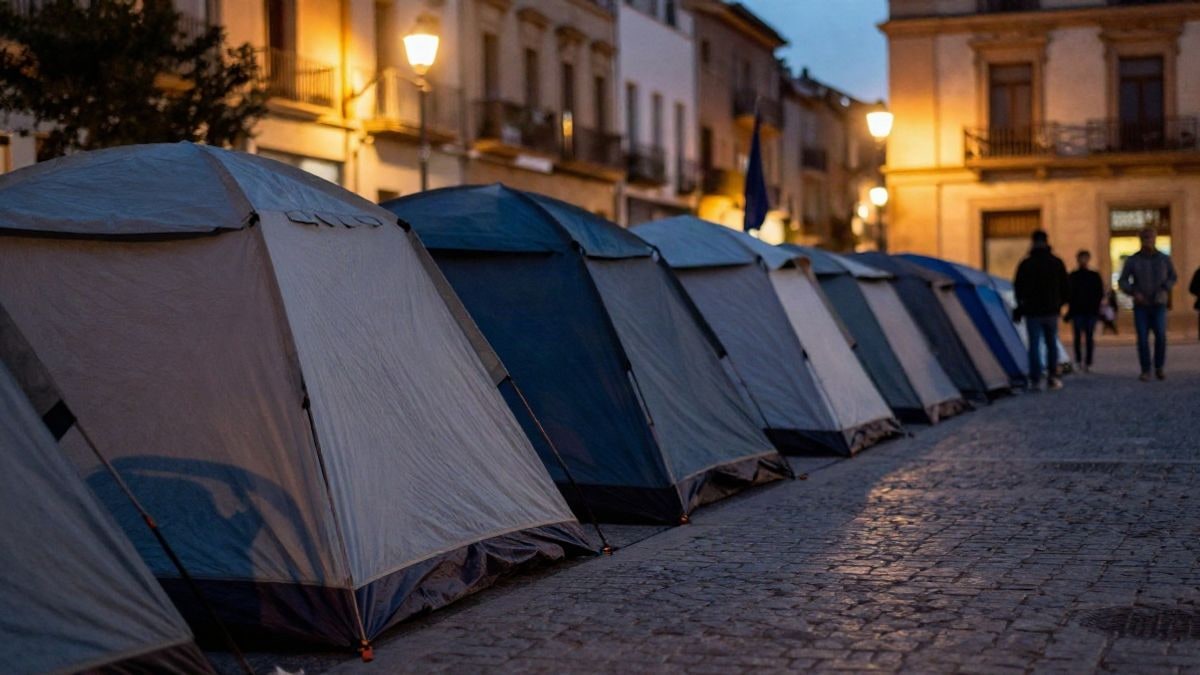 Imagen ilustrativa: tiendas de campaña instaladas en una plaza urbana al atardecer