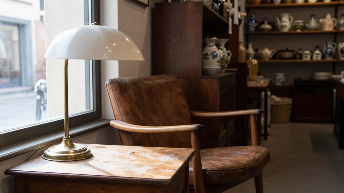 Imagen ilustrativa: sillón de madera de mediados de siglo y lámpara de latón junto a una ventana alta con luz lateral
