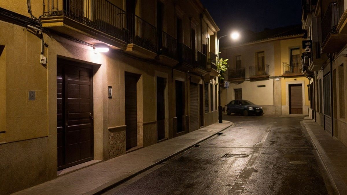 Imagen ilustrativa: calle residencial de noche iluminada por farolas, con el portal de un edificio cerrado y un coche aparcado al fondo