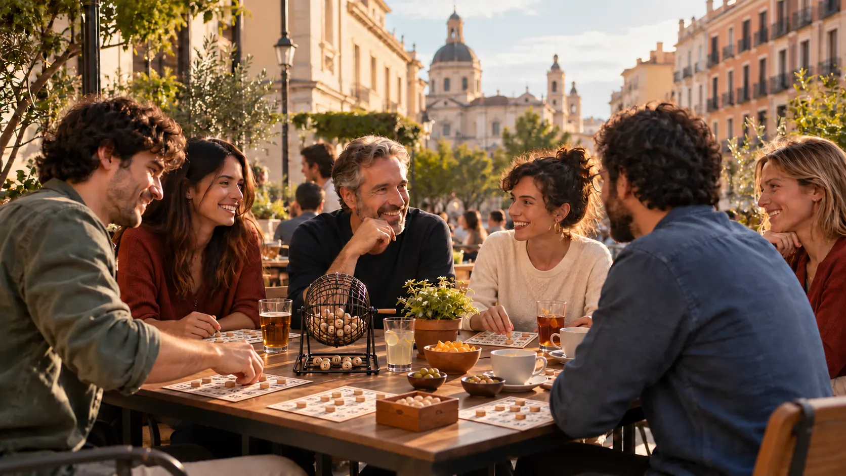 Grupo de amigos disfrutando de una terraza en Madrid