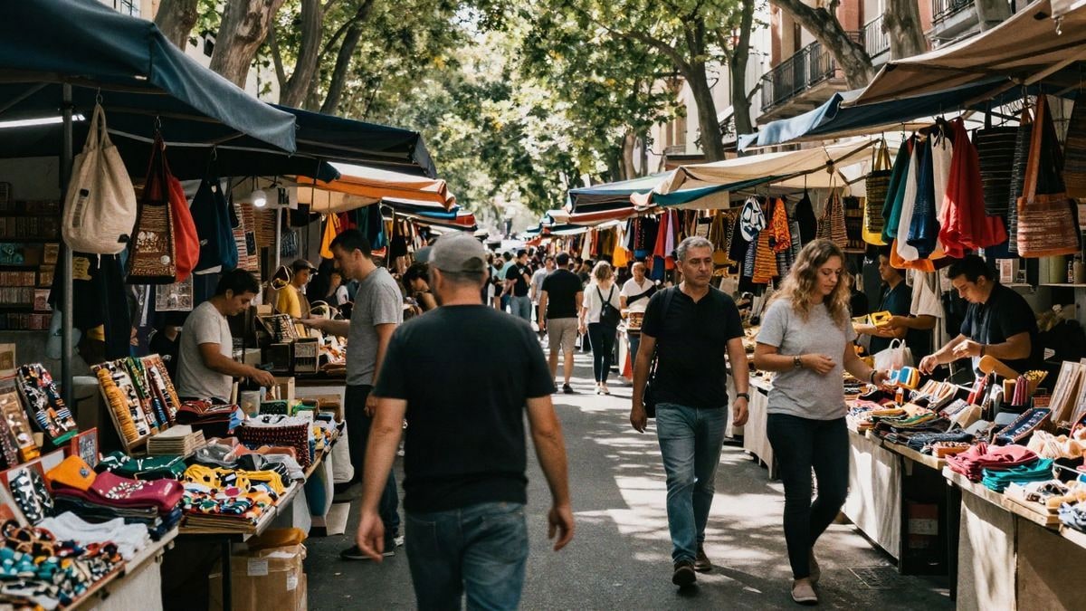 Un mercado callejero en Madrid con coloridos puestos y luz del sol filtrándose entre los árboles.
