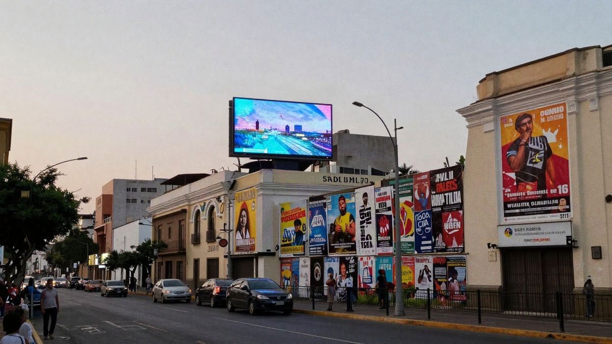 Escena urbana en Lima, con carteles coloridos y un atardecer que ilumina las calles.