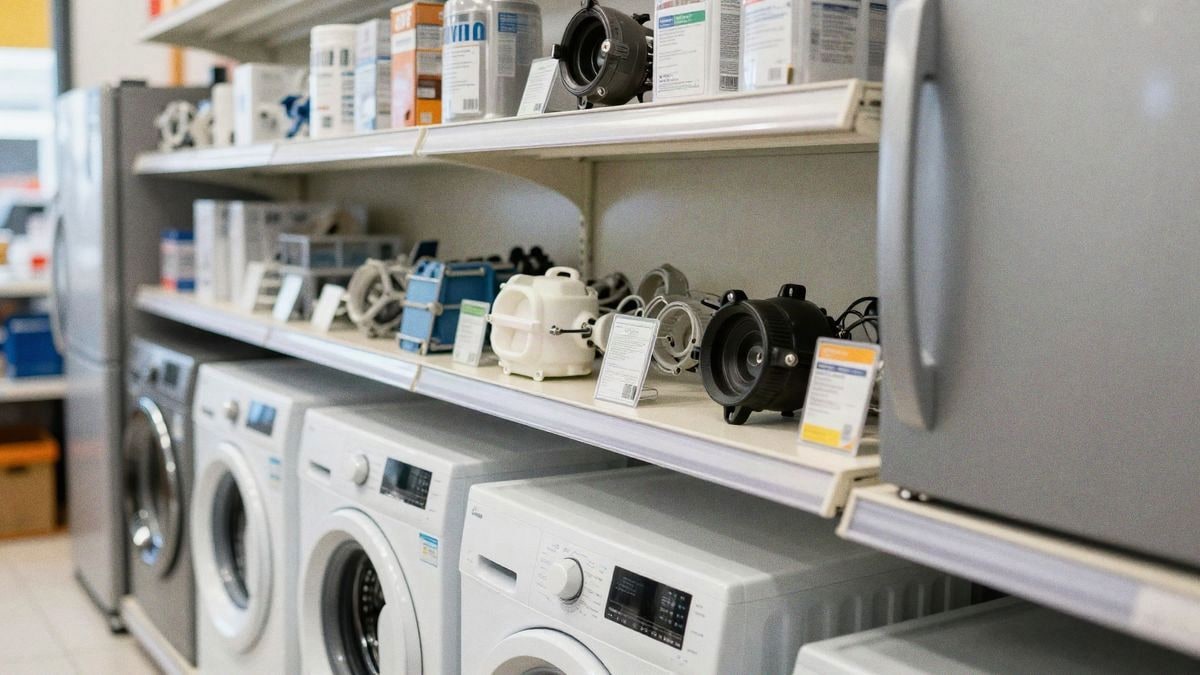 Estante de repuestos originales para electrodomésticos, con piezas de lavadoras y refrigeradores en un ambiente moderno.