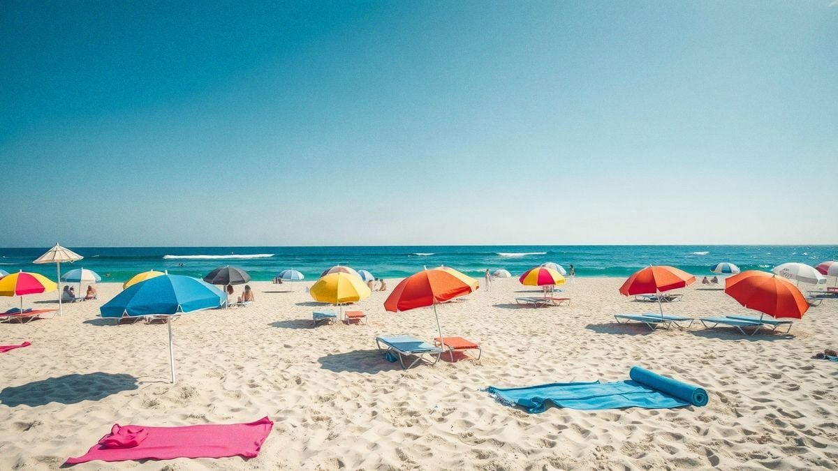Escena de playa soleada en España con sombrillas coloridas y toallas sobre la arena, mar y cielo azul.