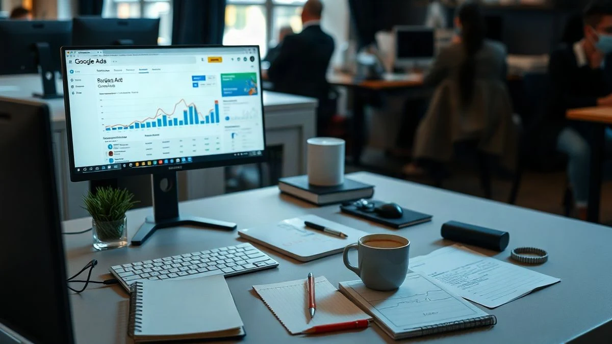 Espacio de trabajo moderno con computadora mostrando Google Ads, notas y una taza de café en luz suave.