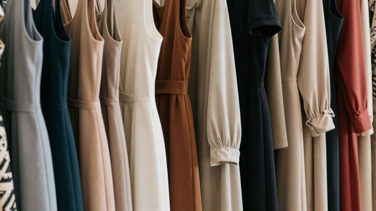 Exposición elegante de vestidos de mujer en un perchero, con variados colores y tejidos bajo luz natural.