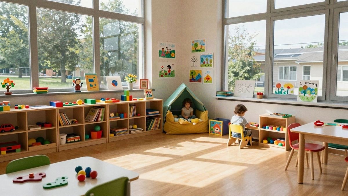Aula de kindergarten en Alemania, llena de juguetes educativos, arte infantil y un rincón de lectura iluminado por el sol.