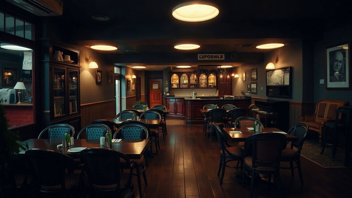 Interior acogedor de un restaurante con muebles variados y luz cálida que crea un ambiente agradable.