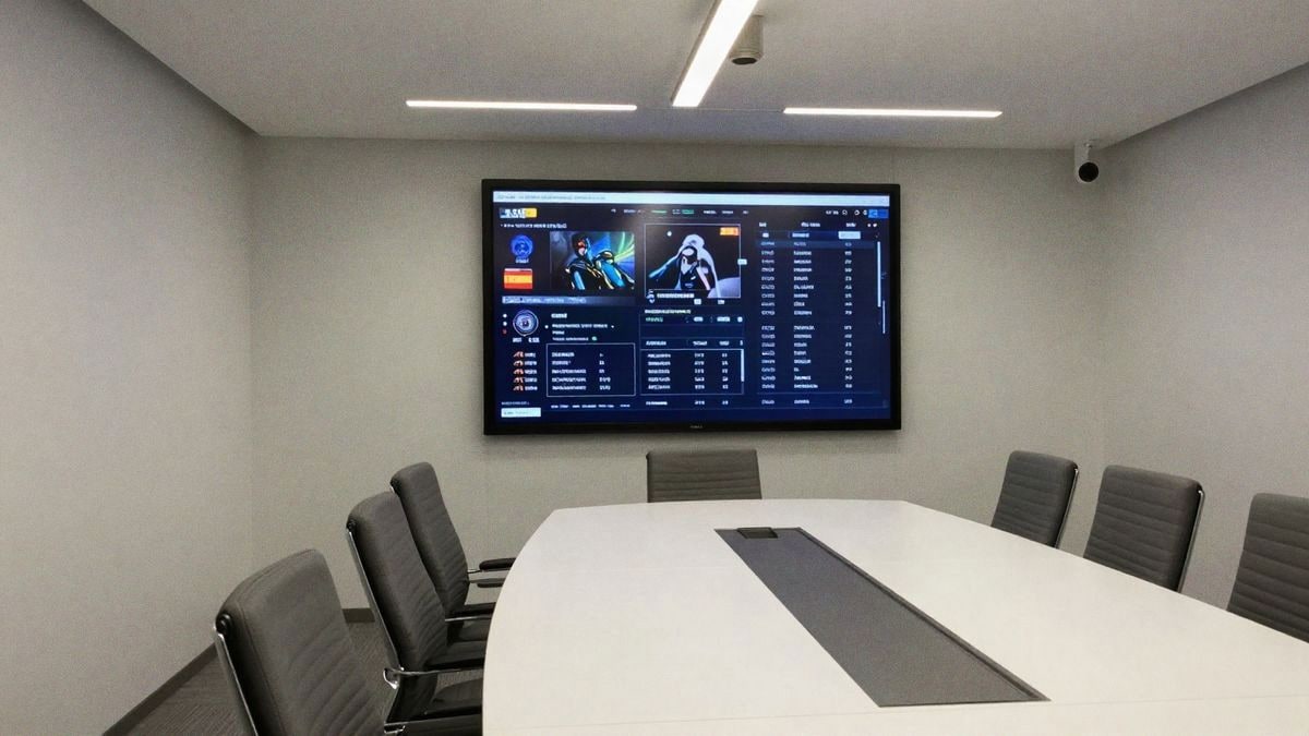 Sala de conferencias moderna en Madrid con pantalla grande mostrando estadísticas de juegos y mobiliario elegante.