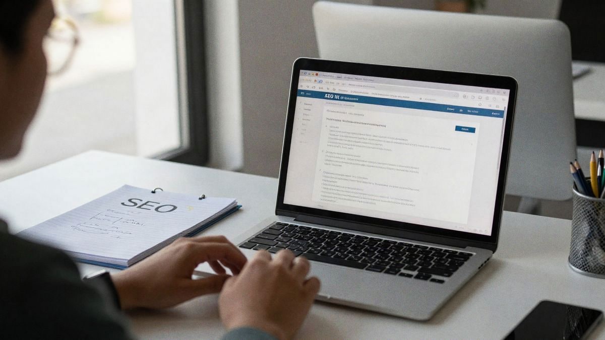 Oficina moderna con un escritorio, laptop mostrando análisis SEO y un cuaderno de estrategias bajo luz natural.