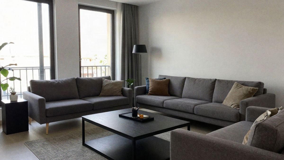 Interior de un apartamento moderno en Madrid con sala de estar elegante y luz natural.