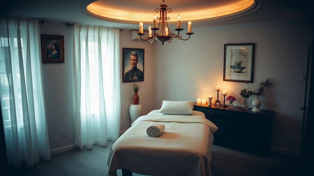 Sala de masaje con luz suave, decoración elegante y velas aromáticas, creando un ambiente pacífico.