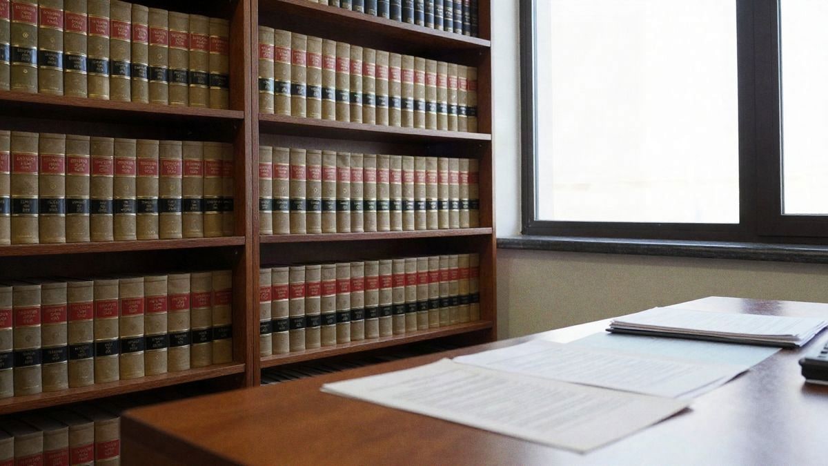 Interior de una oficina legal con estanterías de libros y un escritorio ordenado, iluminado por luz natural.