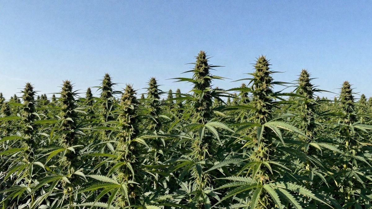 Campo vibrante de plantas de cannabis bajo un cielo azul, con luz del sol filtrándose entre las hojas.