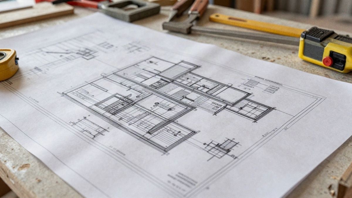 Plano y documentos técnicos en una mesa de obra, rodeados de herramientas de construcción y luz natural.