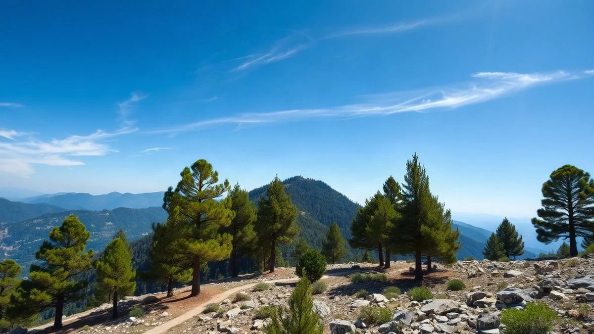 Paisaje montañoso en Guadarrama, con pinos y senderos rocosos bajo un cielo azul, ideal para aventuras al aire libre.