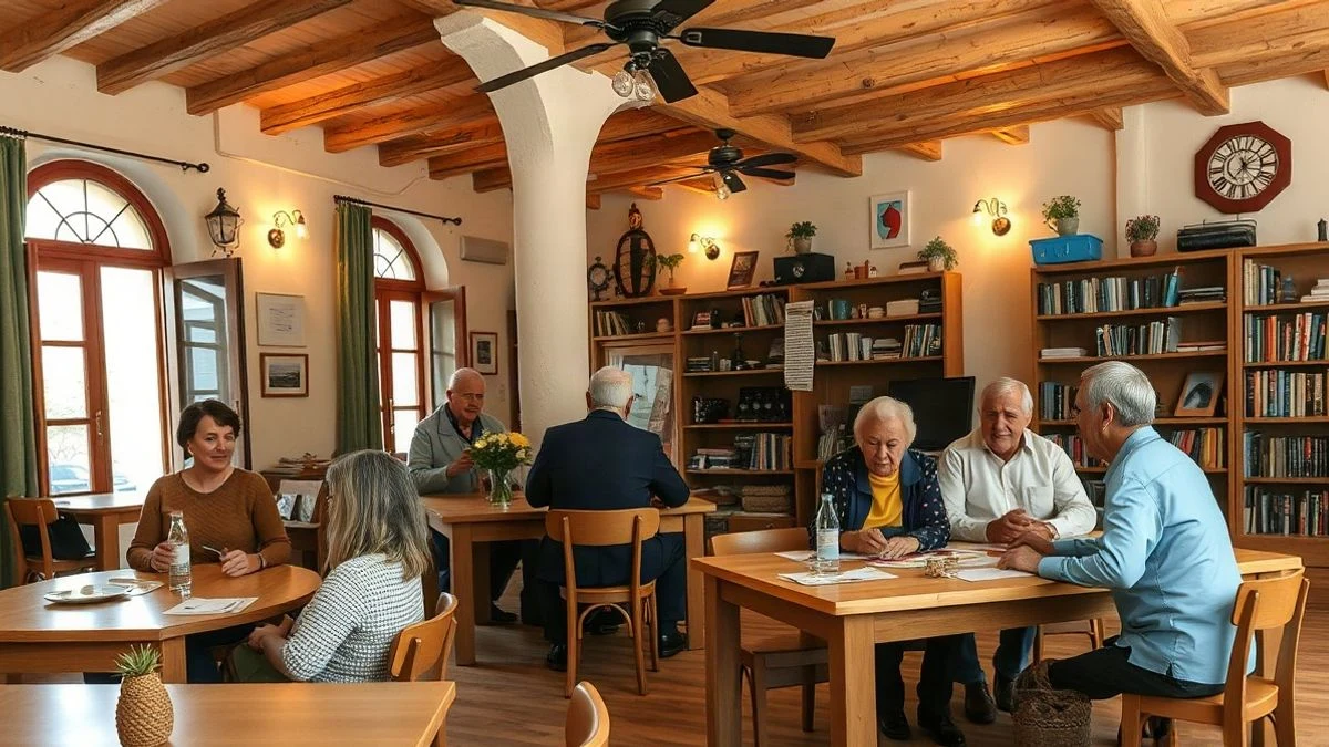 Centro comunitario en un pueblo rural español, con un ambiente acogedor y recursos para el compromiso de los mayores.
