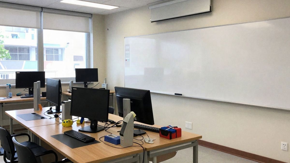 Aula moderna con tecnología avanzada y luz natural, ideal para un aprendizaje dinámico y conectado al mercado laboral.