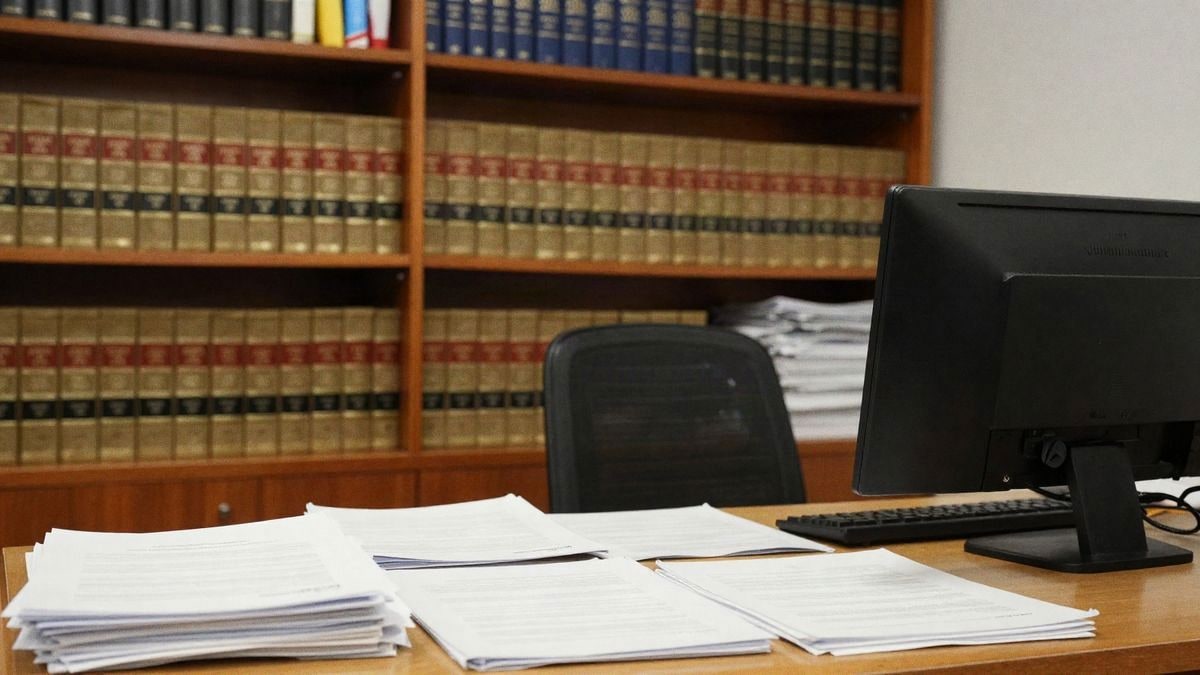 Oficina legal con documentos, ordenador y estanterías de libros de derecho, ambiente profesional y cálido.