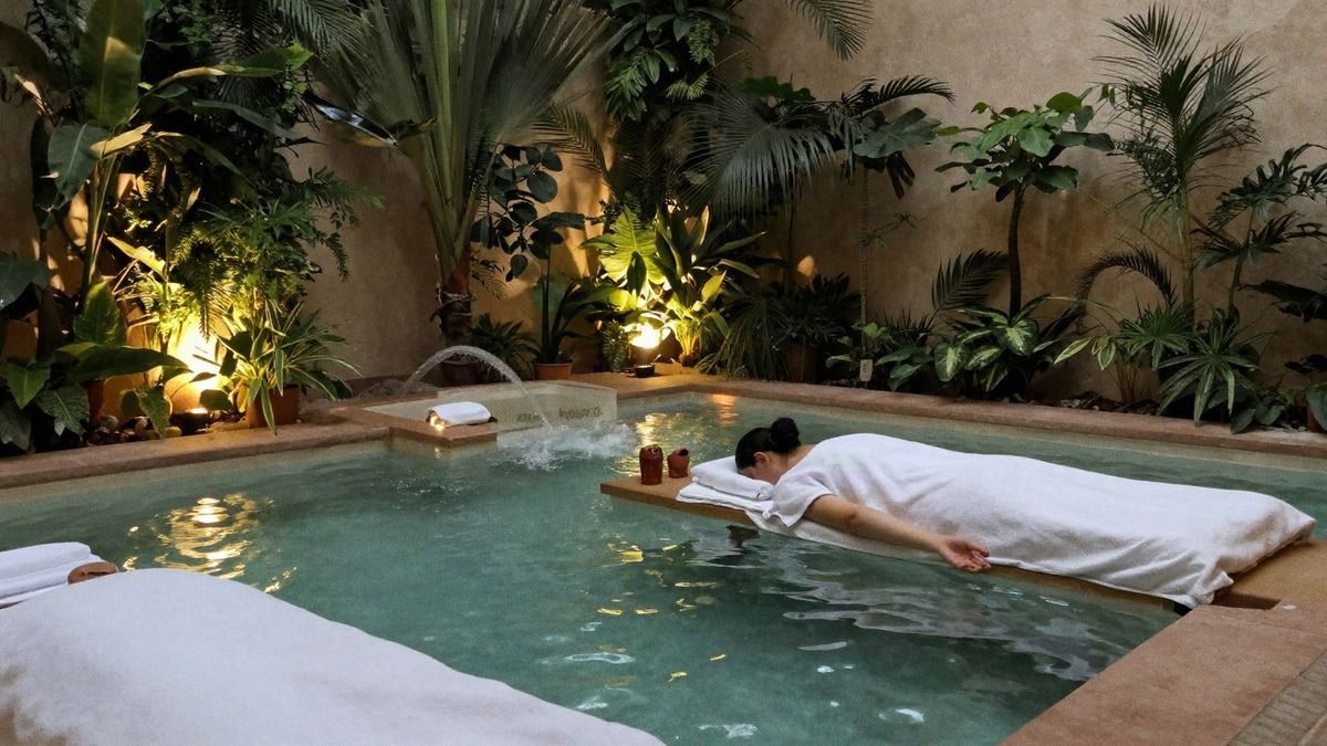 Un ambiente de spa sereno con agua tranquila, iluminación suave y vegetación exuberante, ideal para relajarse.