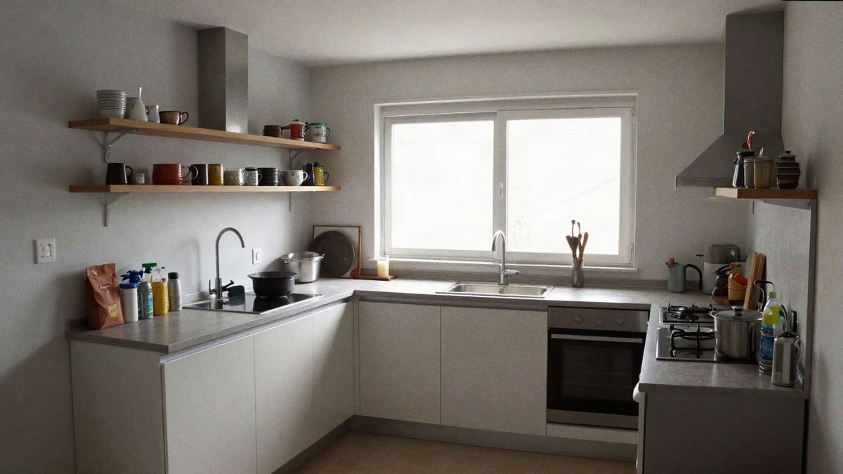 Cocina limpia y ordenada con luz natural, reflejando un hogar organizado y acogedor.
