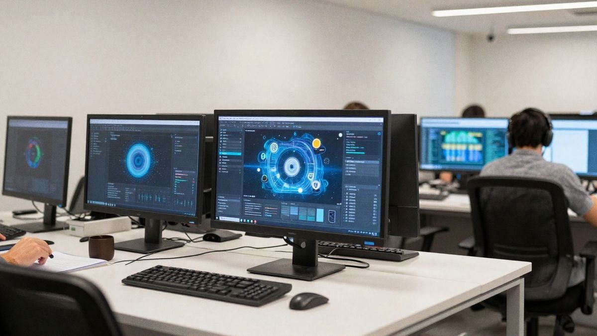 Oficina moderna con computadoras que muestran software de inteligencia artificial en un espacio limpio y bien iluminado.