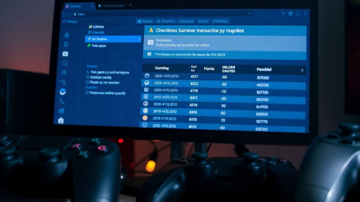 Pantalla de computadora con una lista de verificación para transacciones seguras en juegos, rodeada de accesorios de juego.