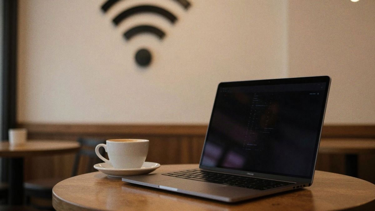 Una acogedora cafetería con un portátil, una taza de café y un símbolo de Wi-Fi en la pared, ideal para trabajar.