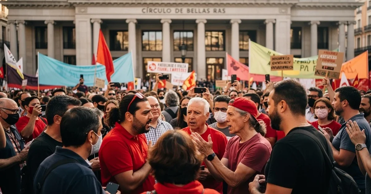 Rally político en Madrid con ambiente vibrante y pancartas sobre estrategias políticas.