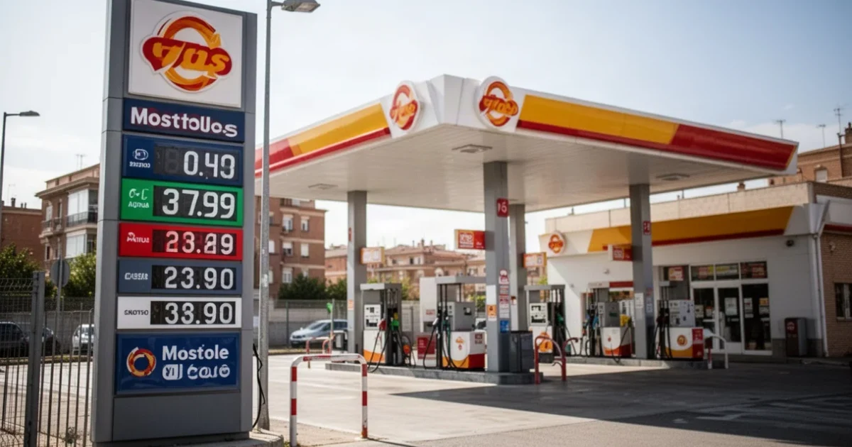 Estación de servicio en Móstoles mostrando precios bajos de gasolina