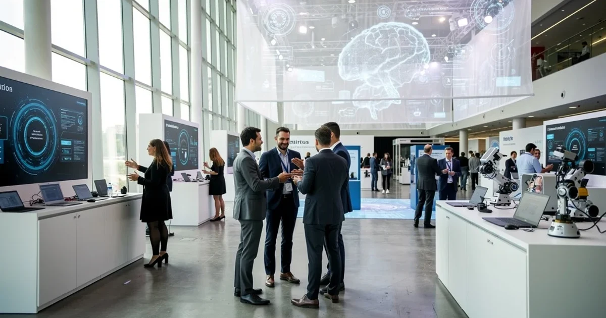 Espacio moderno durante el South Summit 2023 en Madrid con exhibiciones tecnológicas.