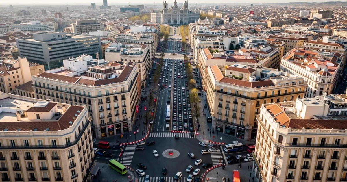 Vista aérea del centro de Madrid con restricciones viales por un evento importante.