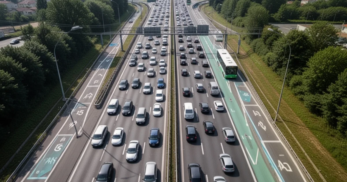 Vista aérea de la A-5 mostrando congestión vehicular y carriles vacíos
